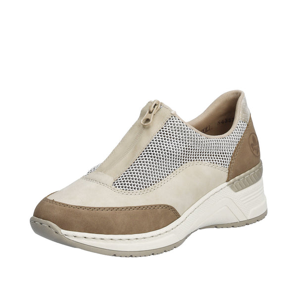 Rieker N4357-60 Low Wedge Zipped Sneaker - Beige Combi