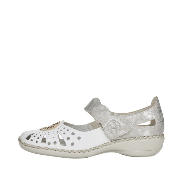 Rieker 41368-80 Low Wedge Bar Shoe - White/Silver