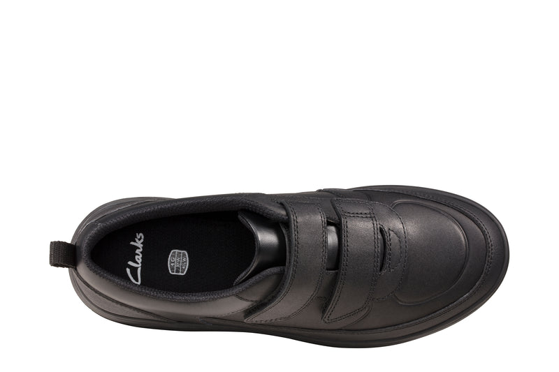 Clarks Scape Flare Y Boys Leather Velcro Shoes - Black